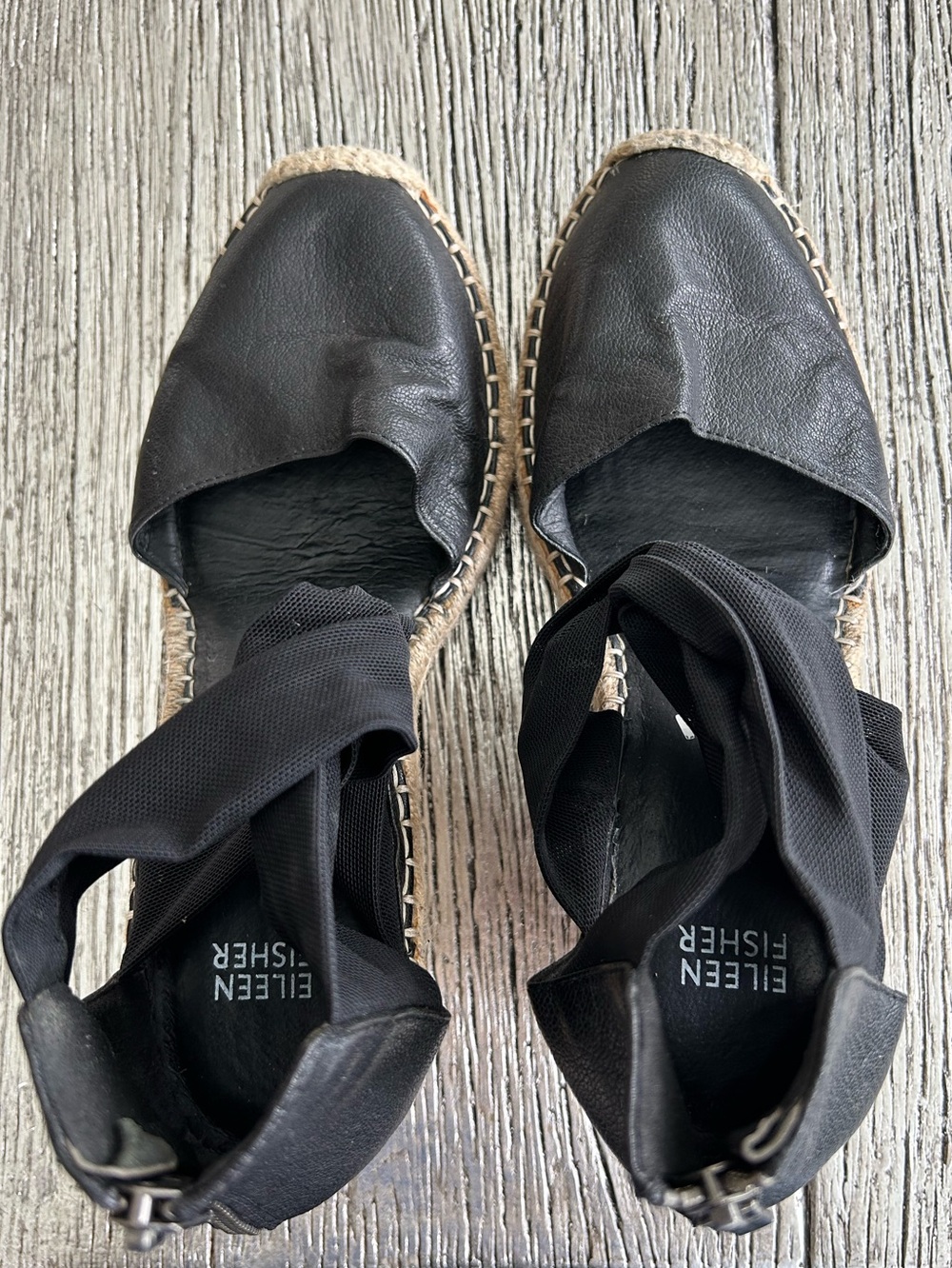 Eileen Fisher Black Leather Wrap Espadrilles